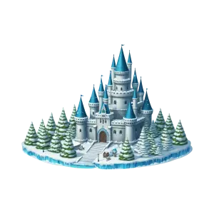 Winter Snow Castle with Blue Turrets and Pine Trees