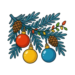Christmas Pine Branch with Ornaments and Pinecones
