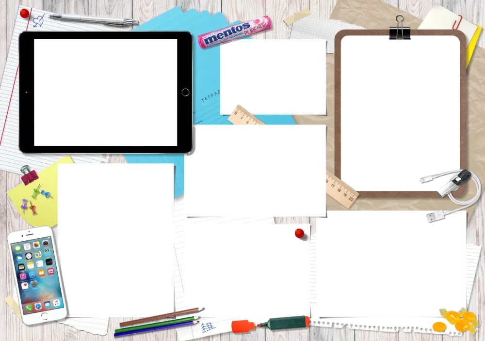 Collage Frame with Office and School Supplies on Wooden Desk