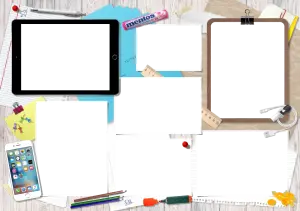 Collage Frame with Office and School Supplies on Wooden Desk