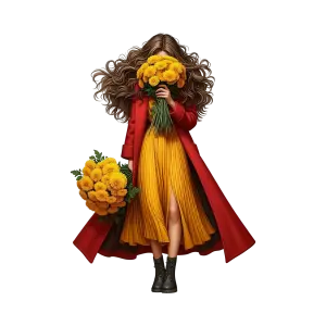 Woman in Red Coat Holding Yellow Chrysanthemum Flowers