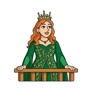 Medieval Queen in Green Dress with Gold Crown on Balcony