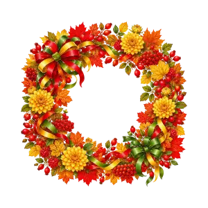 Autumn Harvest Wreath with Colorful Ribbons and Flowers