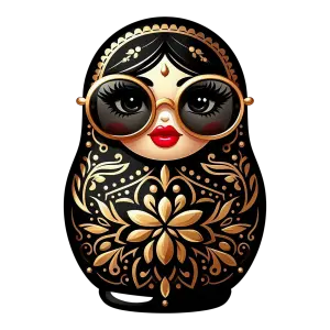 Stylish Russian Matryoshka Doll with Gold Floral Pattern and Large Sunglasses