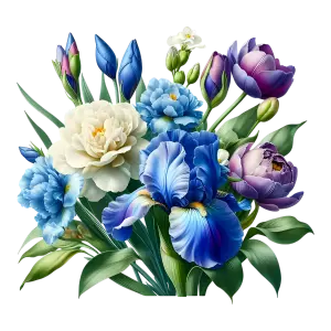 Colorful Bouquet of Blue, Purple, and White Flowers with Green Leaves