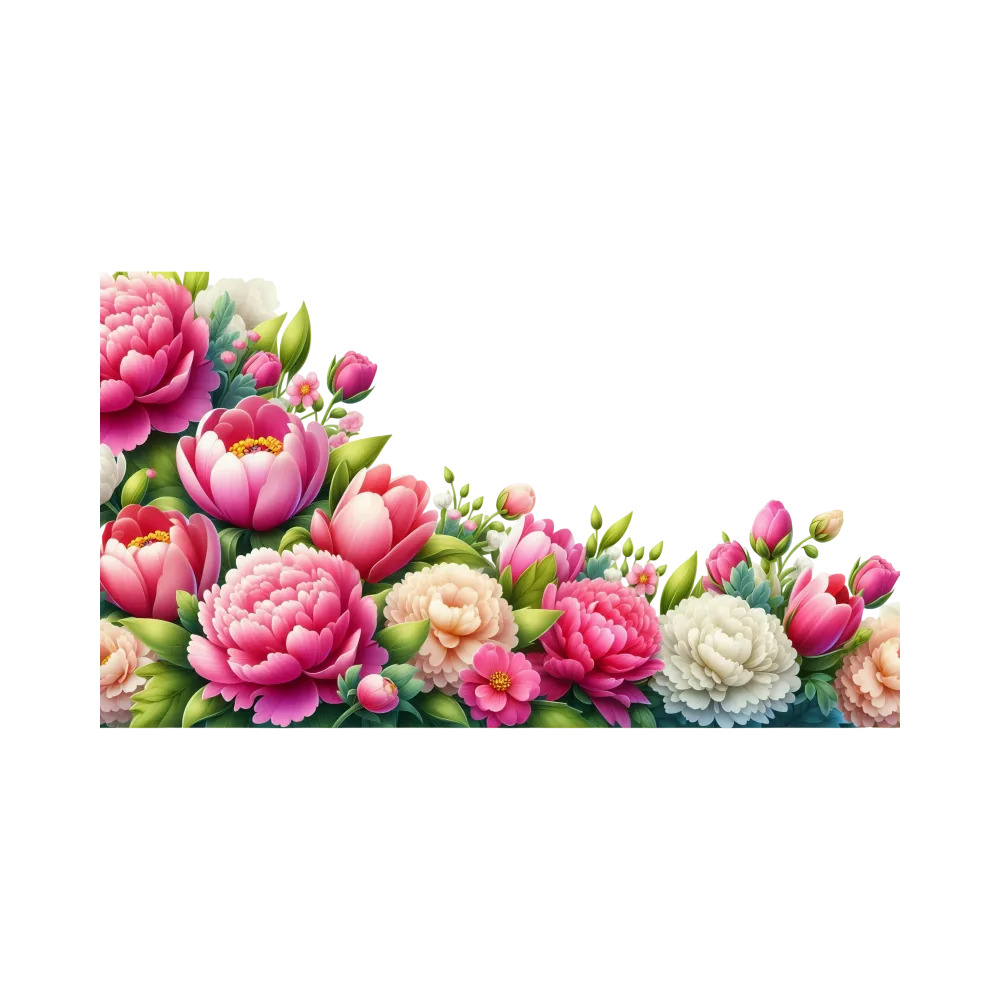 Floral Corner Border with Pink and White Peonies and Green Leaves