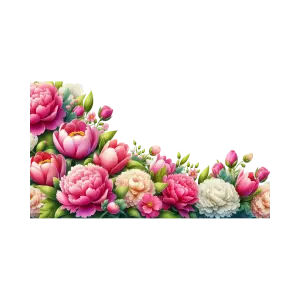 Floral Corner Border with Pink and White Peonies and Green Leaves