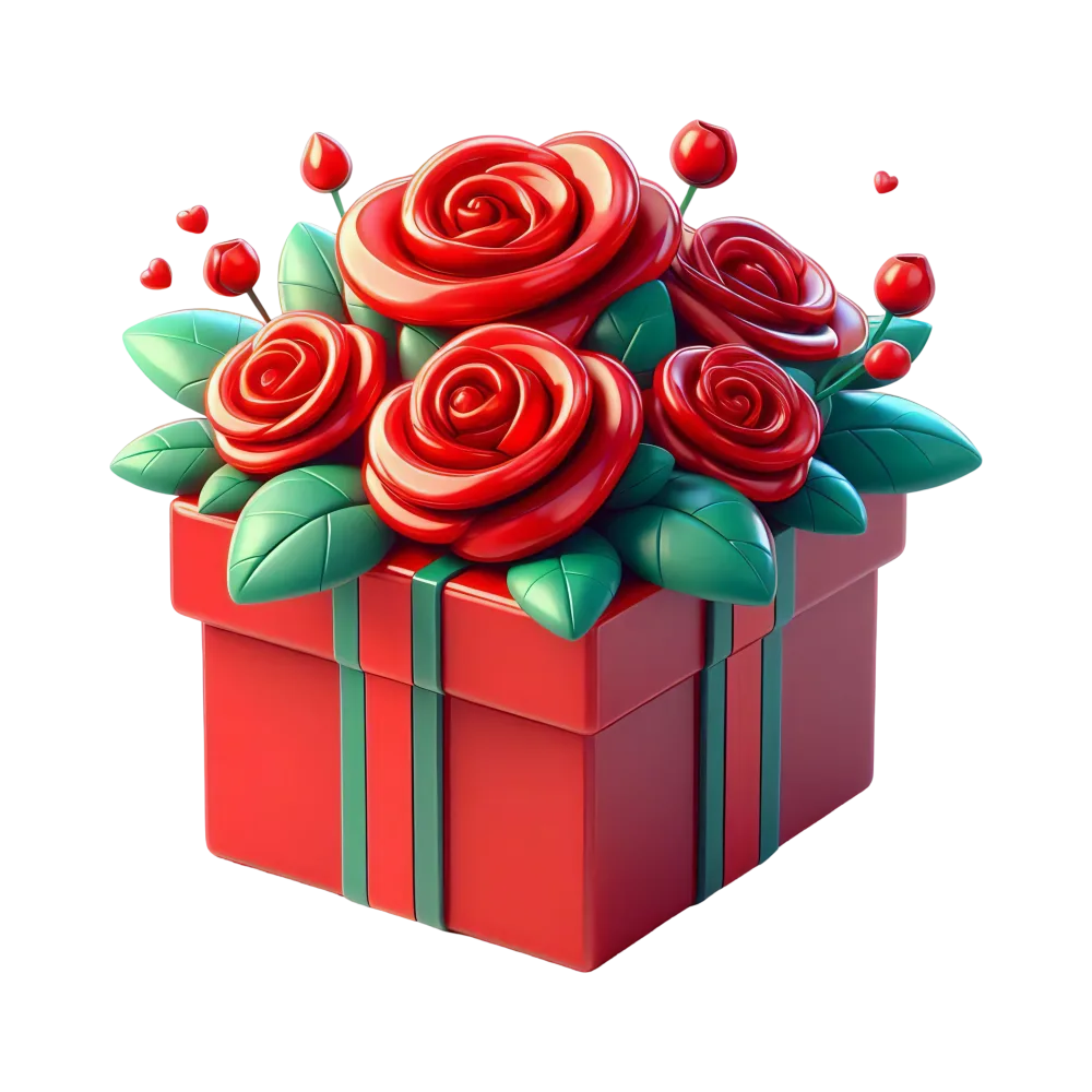 Red Gift Box with Stylized Red Roses and Green Leaves