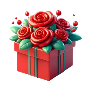 Red Gift Box with Stylized Red Roses and Green Leaves