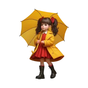 Cute Little Girl in Yellow Coat Holding Yellow Umbrella
