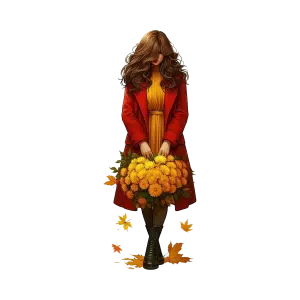Woman in Autumn Outfit Holding Yellow Chrysanthemum Bouquet