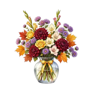 Mixed Fall Flowers Bouquet in Clear Vase with Yellow Ribbon