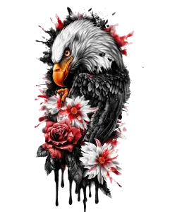 Graphic Illustration of Bald Eagle with Red and White Flowers