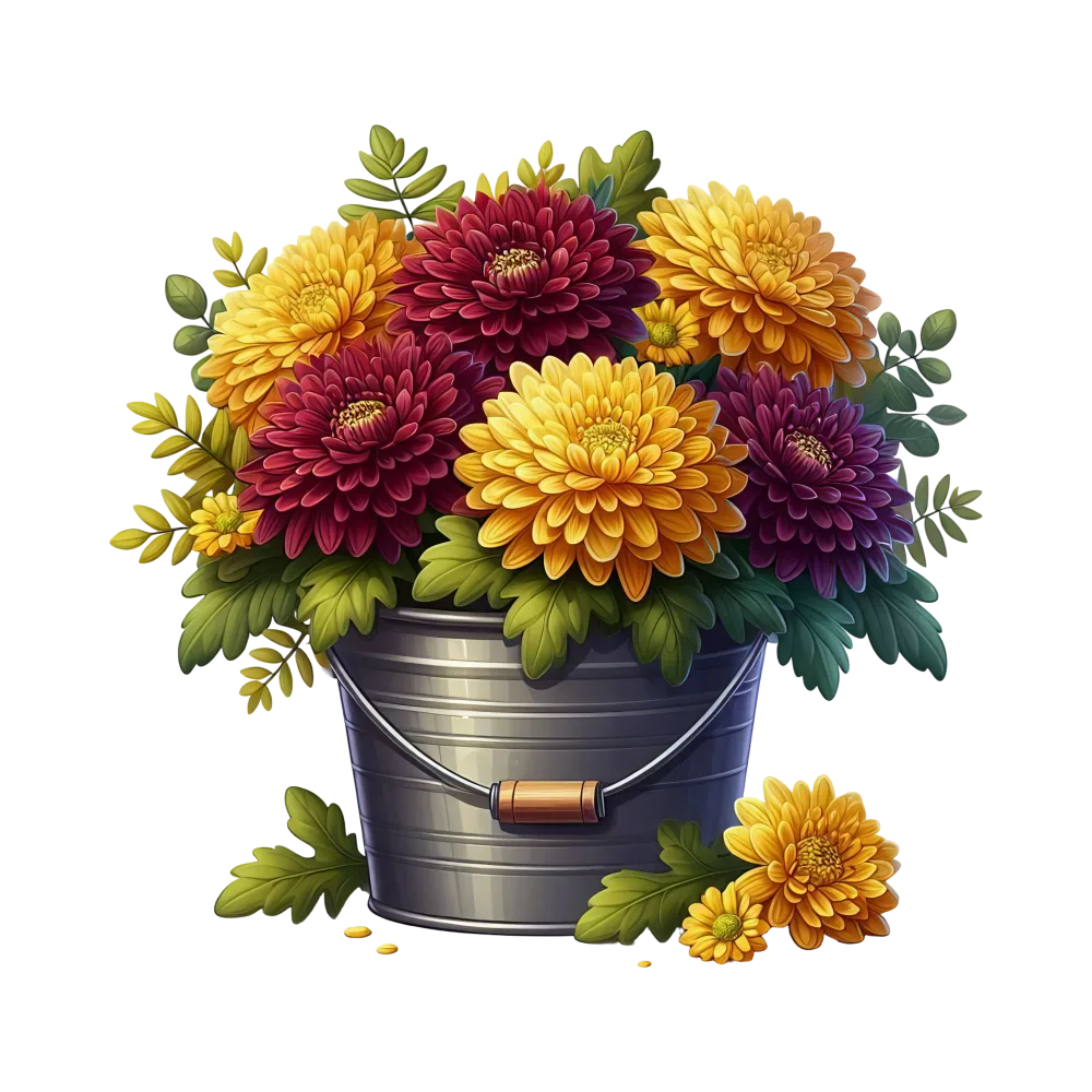 Colorful Chrysanthemums in Silver Bucket