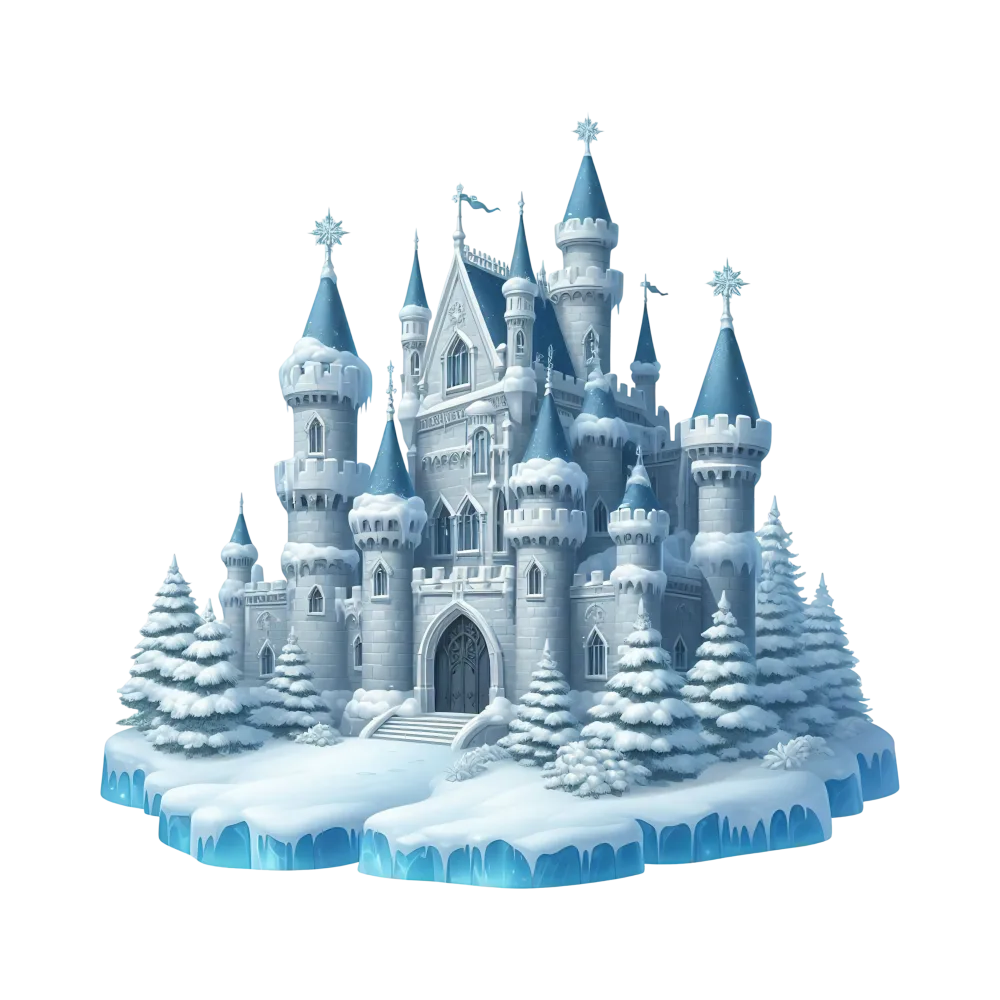 Snowy Winter Castle with Pine Trees