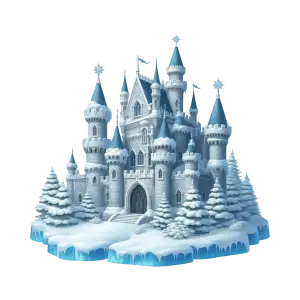 Snowy Winter Castle with Pine Trees