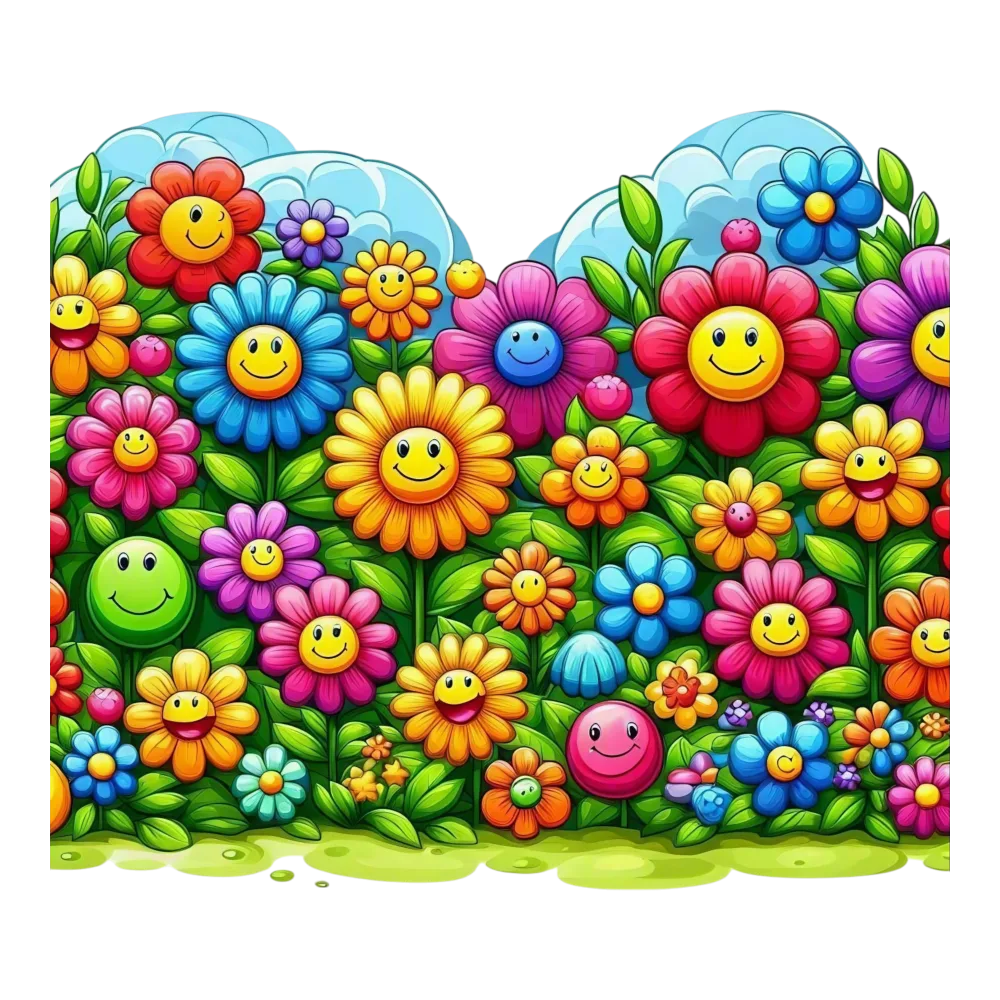 Colorful Cartoon Smiling Flowers with Green Leaves