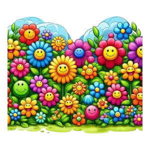 Colorful Cartoon Smiling Flowers with Green Leaves