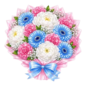 Colorful Bouquet of White Peonies, Blue Daisies and Pink Carnations with Blue Ribbon