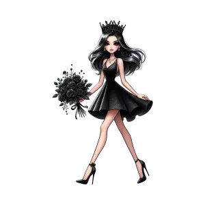 Elegant Woman in Black Dress Holding Black Rose Bouquet