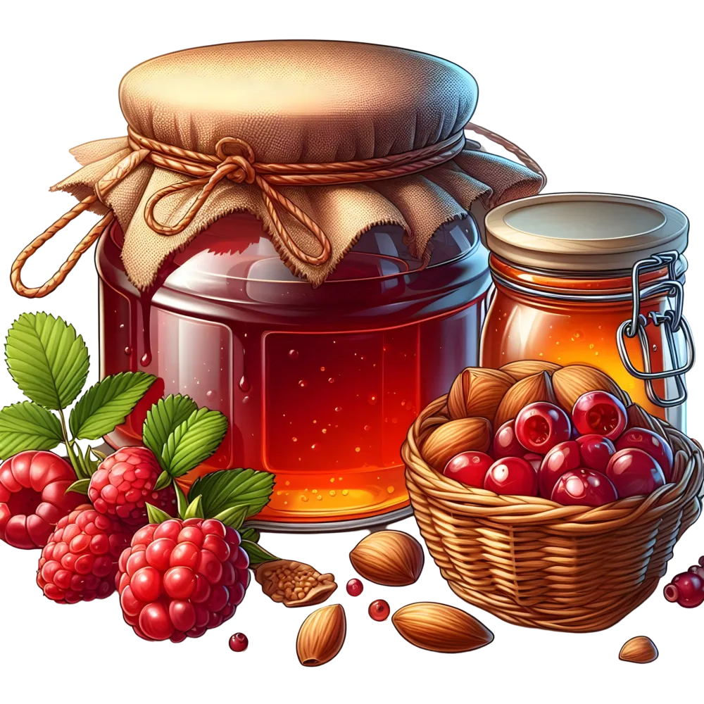Jar of Raspberry Jam with Nuts and Berries Basket