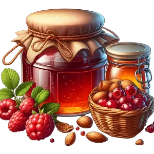Jar of Raspberry Jam with Nuts and Berries Basket