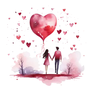 Romantic Couple Holding Hands with Heart Balloon Illustration