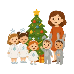 Children and Teacher in Christmas Costumes with Tree and Gift