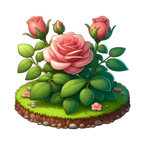 Pink Rose Bush with Green Leaves on Grass Patch
