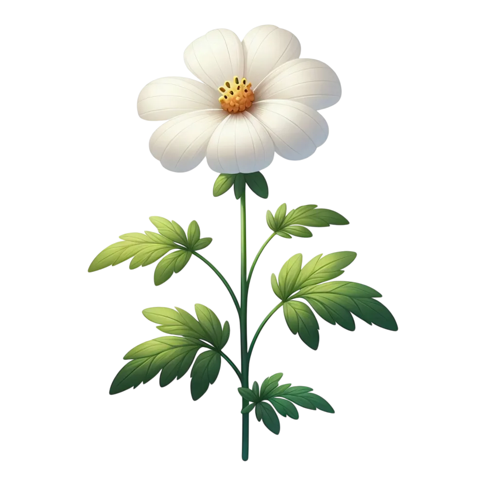 Detailed White Flower with Green Leaves Illustration
