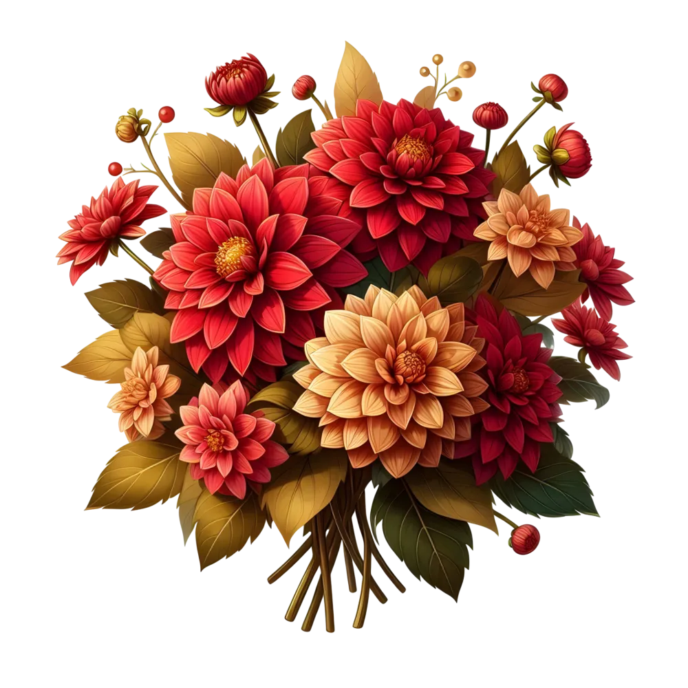 Autumn Dahlia Flower Bouquet with Red and Orange Blooms