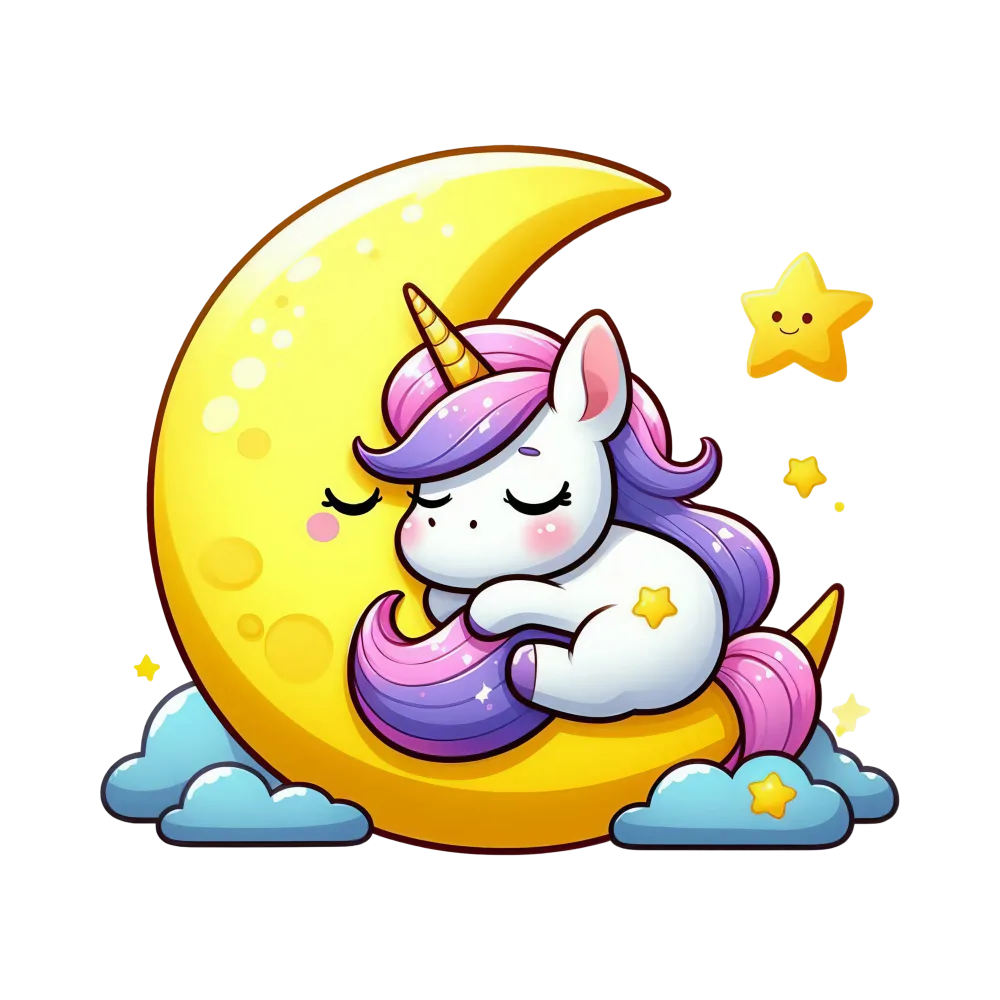 Cute Sleeping Unicorn on Crescent Moon with Stars