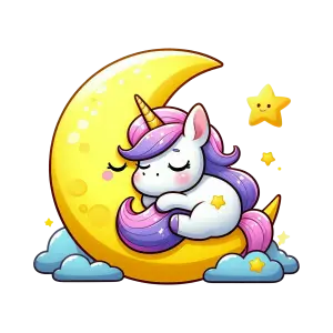 Cute Sleeping Unicorn on Crescent Moon with Stars