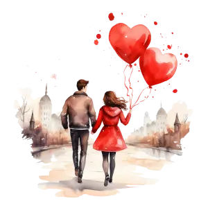 Couple Walking with Heart Balloons in Cityscape Watercolor