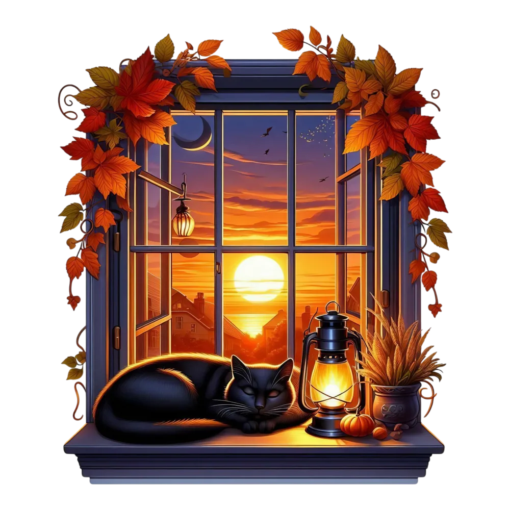 Black Cat Sleeping on Autumn Window Sill with Sunset View