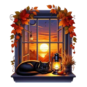 Black Cat Sleeping on Autumn Window Sill with Sunset View