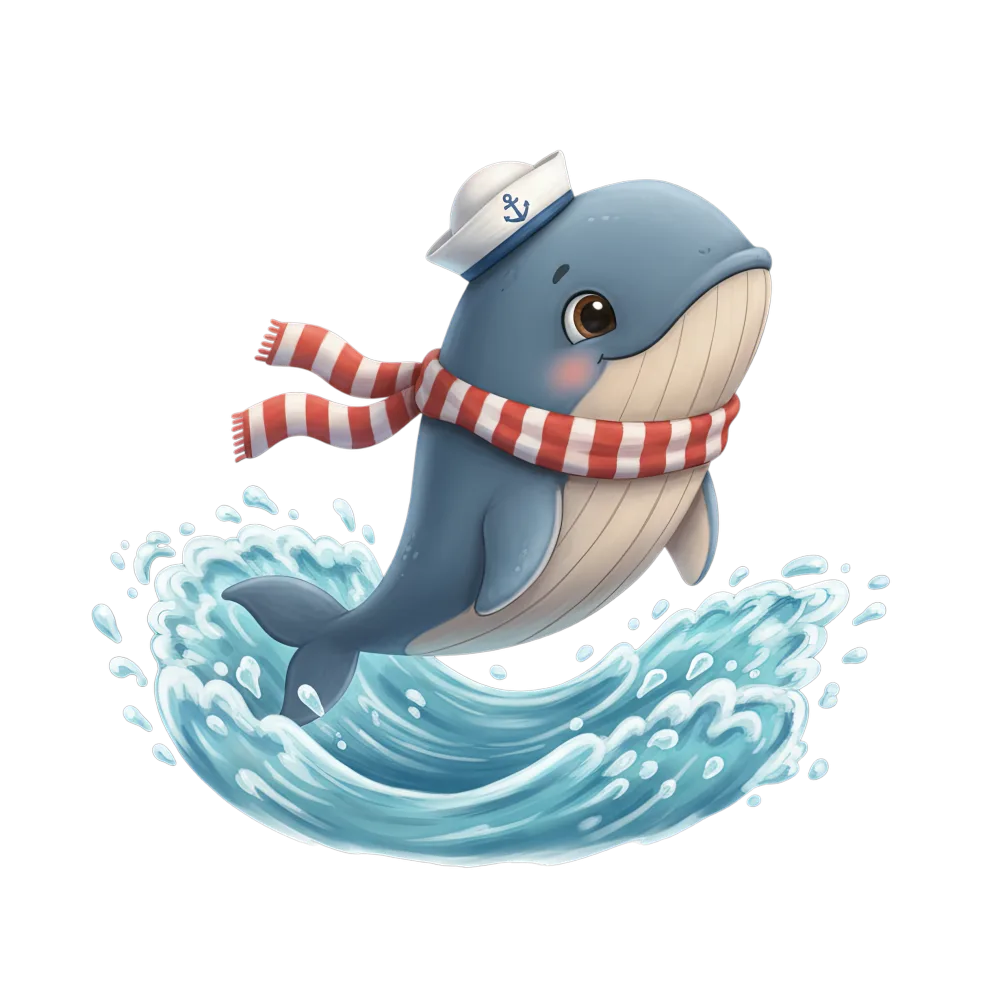 Cute Whale Jumping with Sailor Hat and Scarf