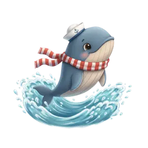 Cute Whale Jumping with Sailor Hat and Scarf