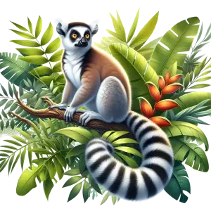 Ring-Tailed Lemur Sitting on Branch with Tropical Leaves