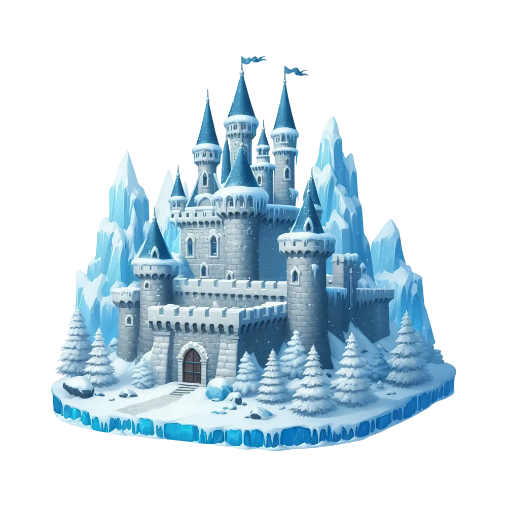 Snowy Frozen Castle with Ice Towers and Pine Trees