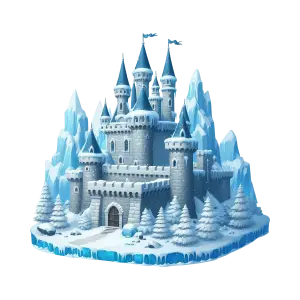 Snowy Frozen Castle with Ice Towers and Pine Trees