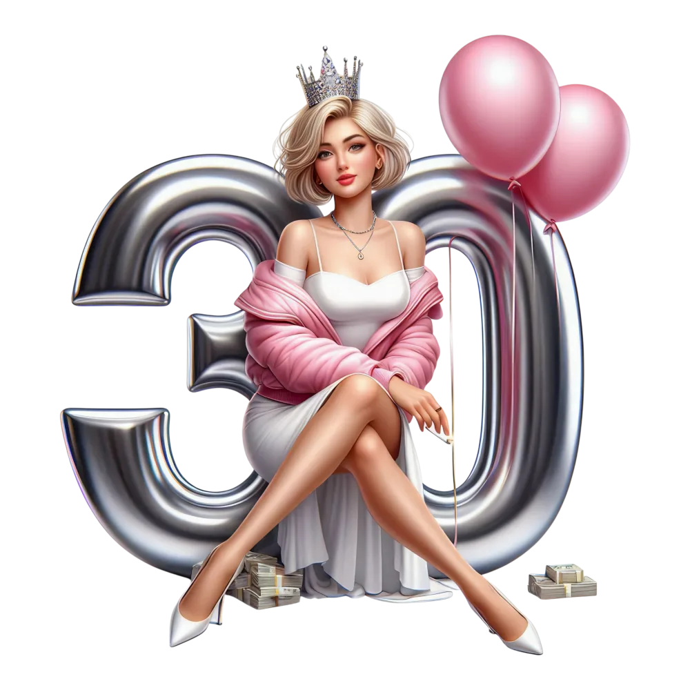 Elegant Woman Celebrating 30th Birthday with Number Balloons and Crown
