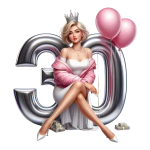 Elegant Woman Celebrating 30th Birthday with Number Balloons and Crown