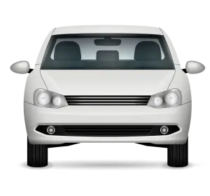 White Car Front View with Headlights and Side Mirrors