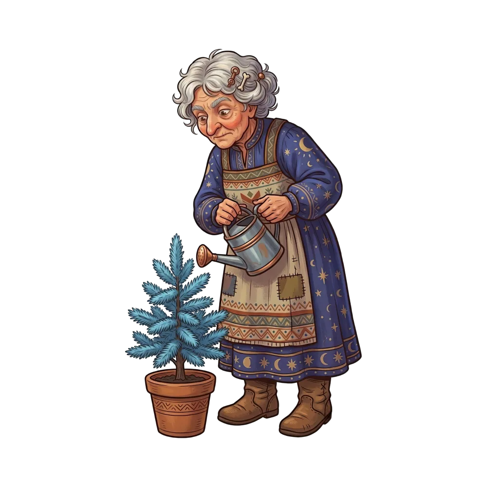 Elderly Woman Watering Potted Pine Tree Illustration