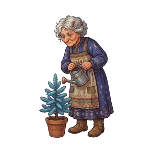 Elderly Woman Watering Potted Pine Tree Illustration