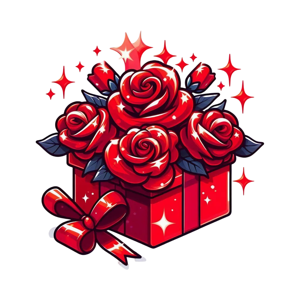 Red Roses Bouquet in Gift Box with Shiny Stars and Ribbon