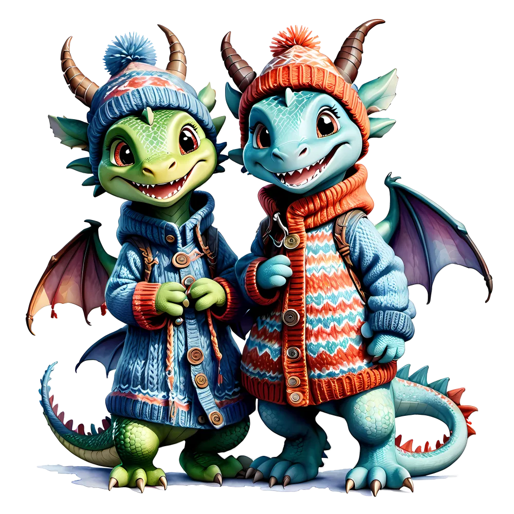 Cute Cartoon Dragons in Cozy Winter Sweaters and Hats