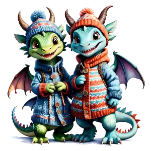 Cute Cartoon Dragons in Cozy Winter Sweaters and Hats