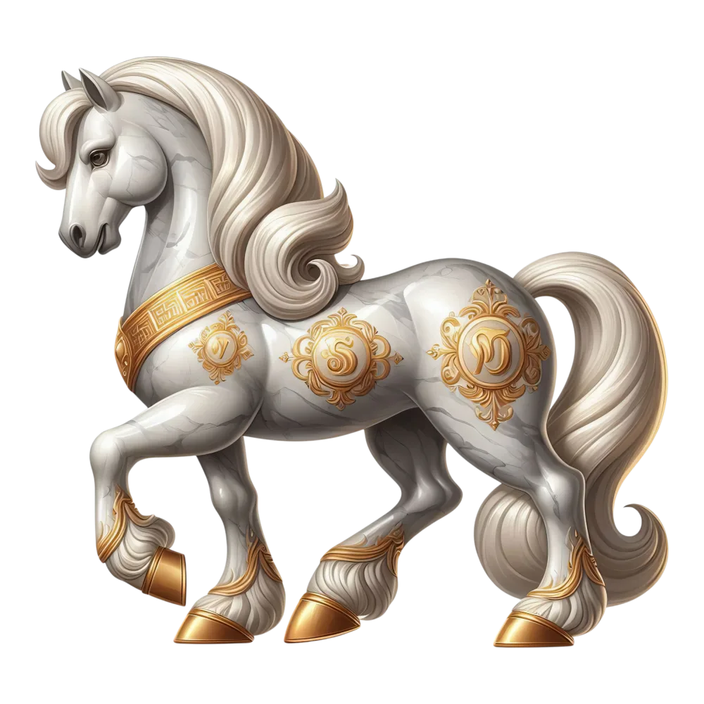 White Marble Horse Statue with Gold Ornamentation